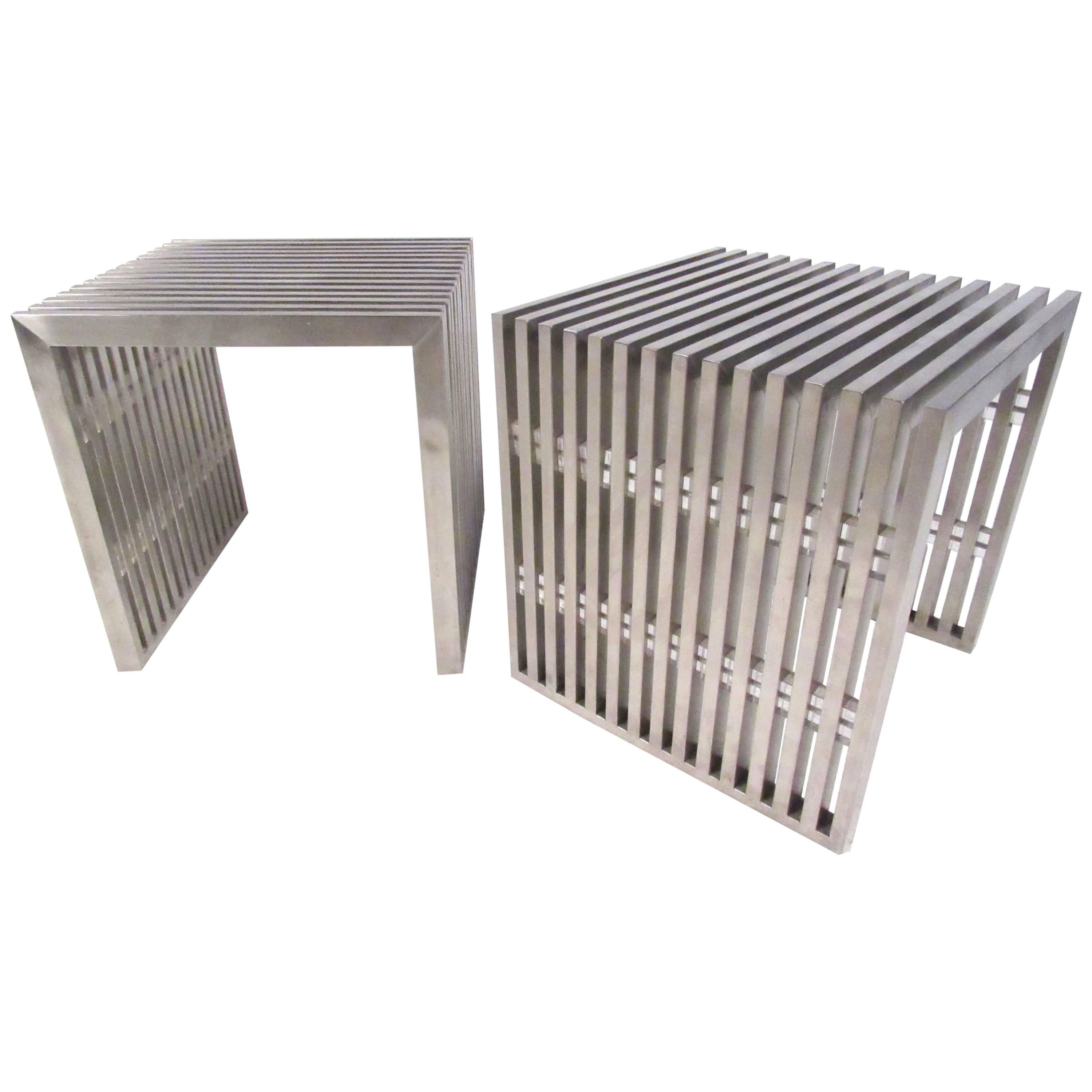 This exquisite pair of Mid-Century Modern style chrome slat side tables feature heavy construction with Lucite spacers. Style of Milo Baughman design makes this unique pair an impressive addition to any interior as side tables or occasional benches.