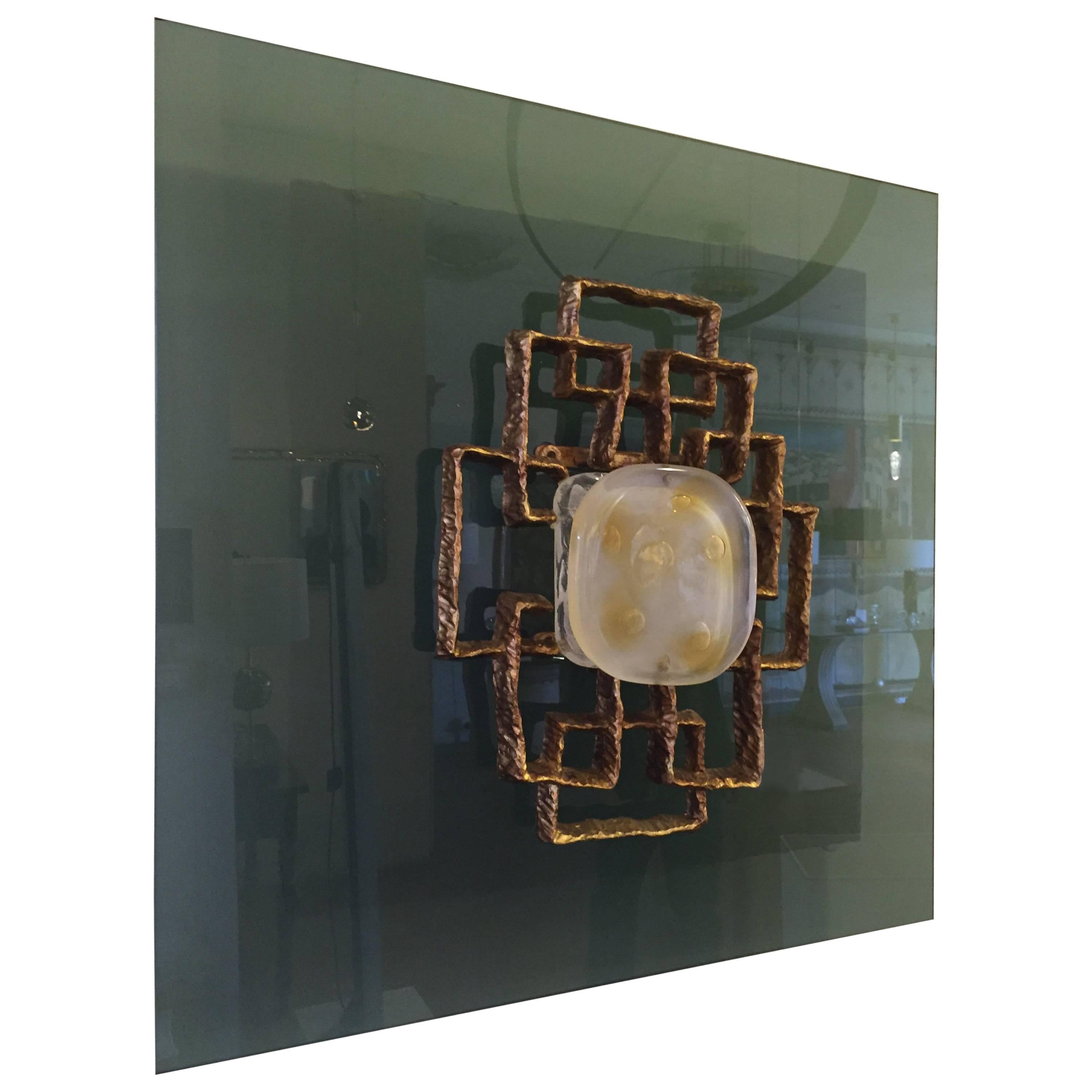 Angelo Brotto Light Panel in Murano Glass and Bronze Relief, Esperia, 1970 For Sale