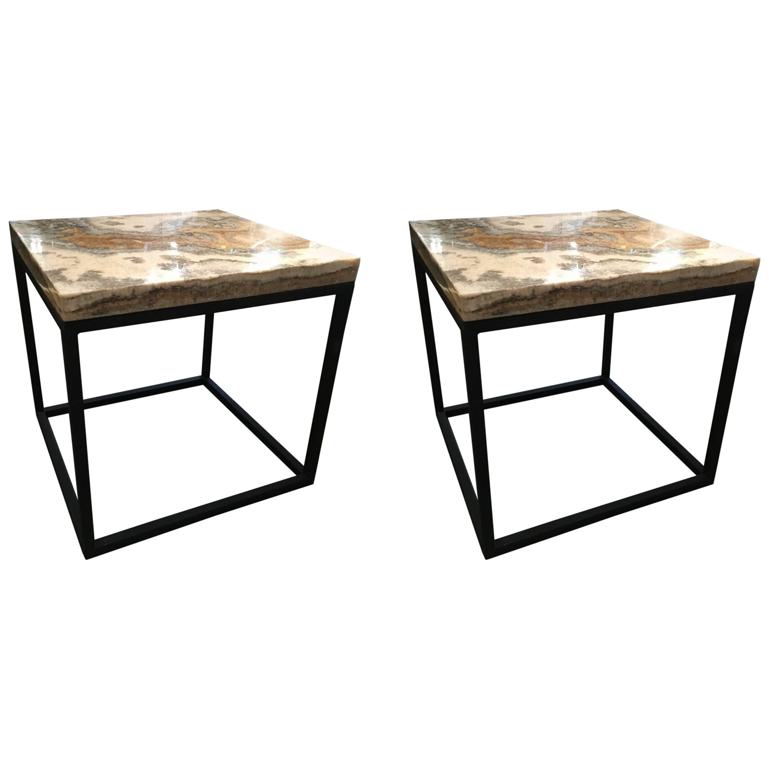 Pair of Marble-Top Square Side Tables