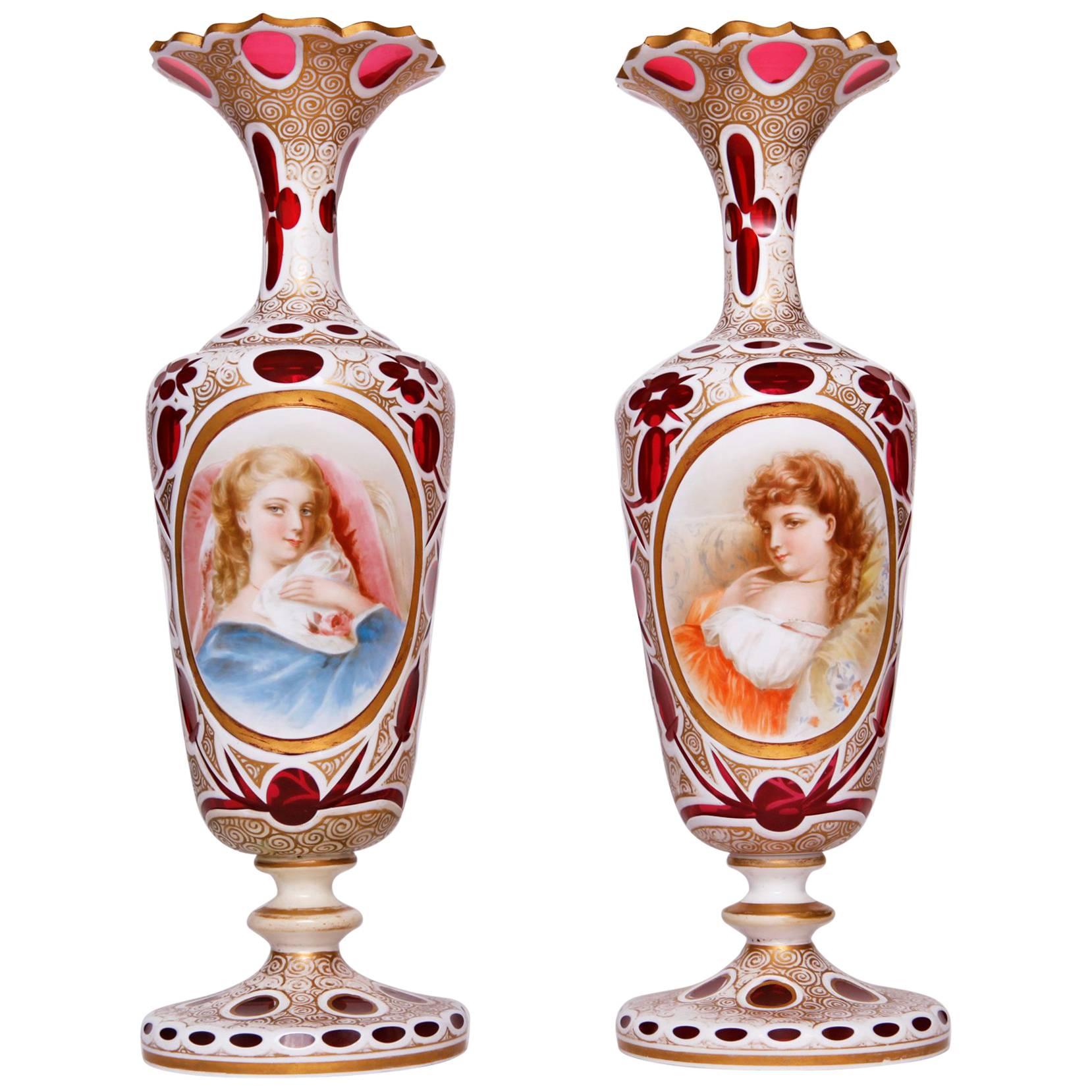 Pair of Bohemian Glass Vases of Beauties For Sale