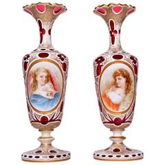 Pair of Bohemian Glass Vases of Beauties 10