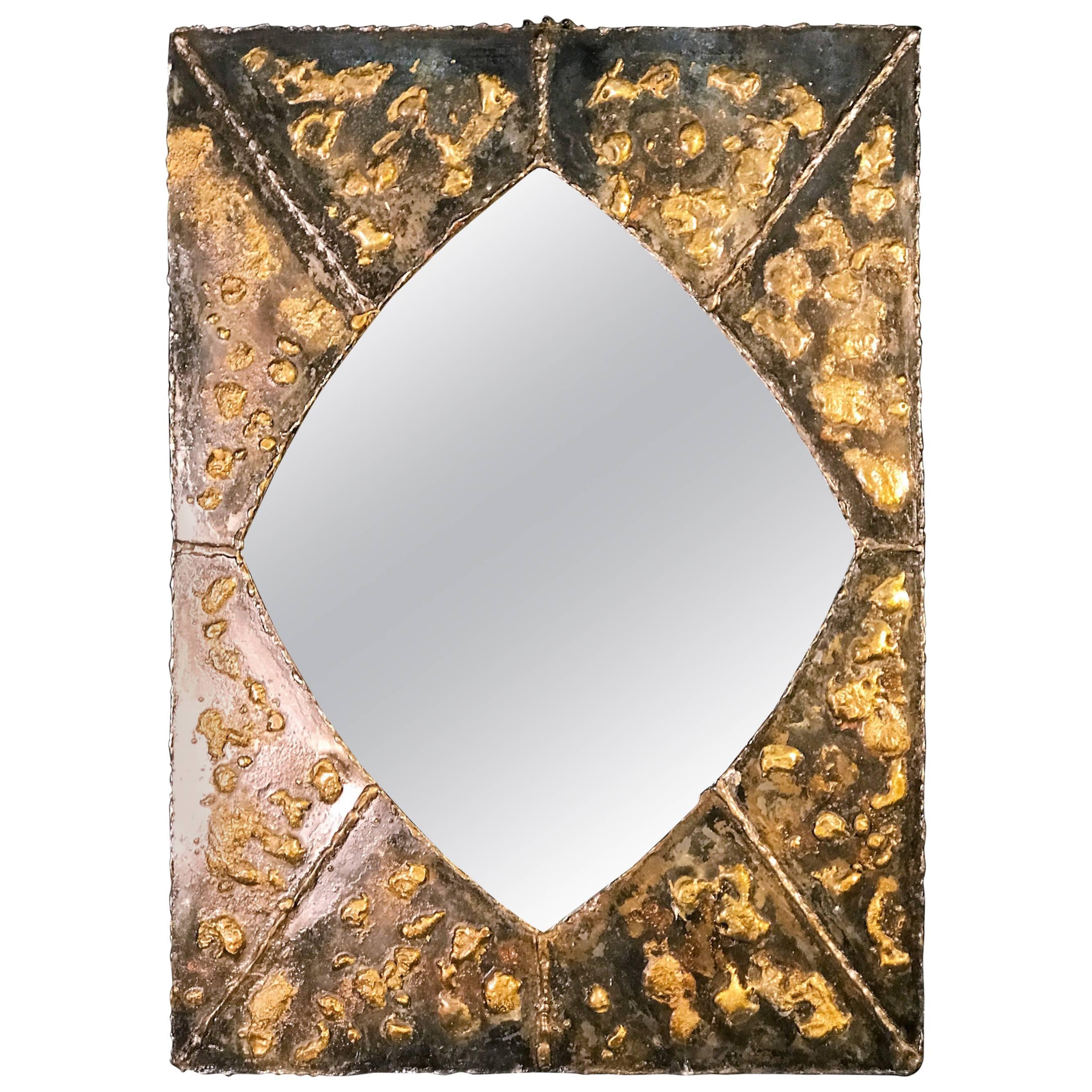 Textured Brutalist Elongated Diamond Shaped Mirror in the Manner of Paul Evans For Sale