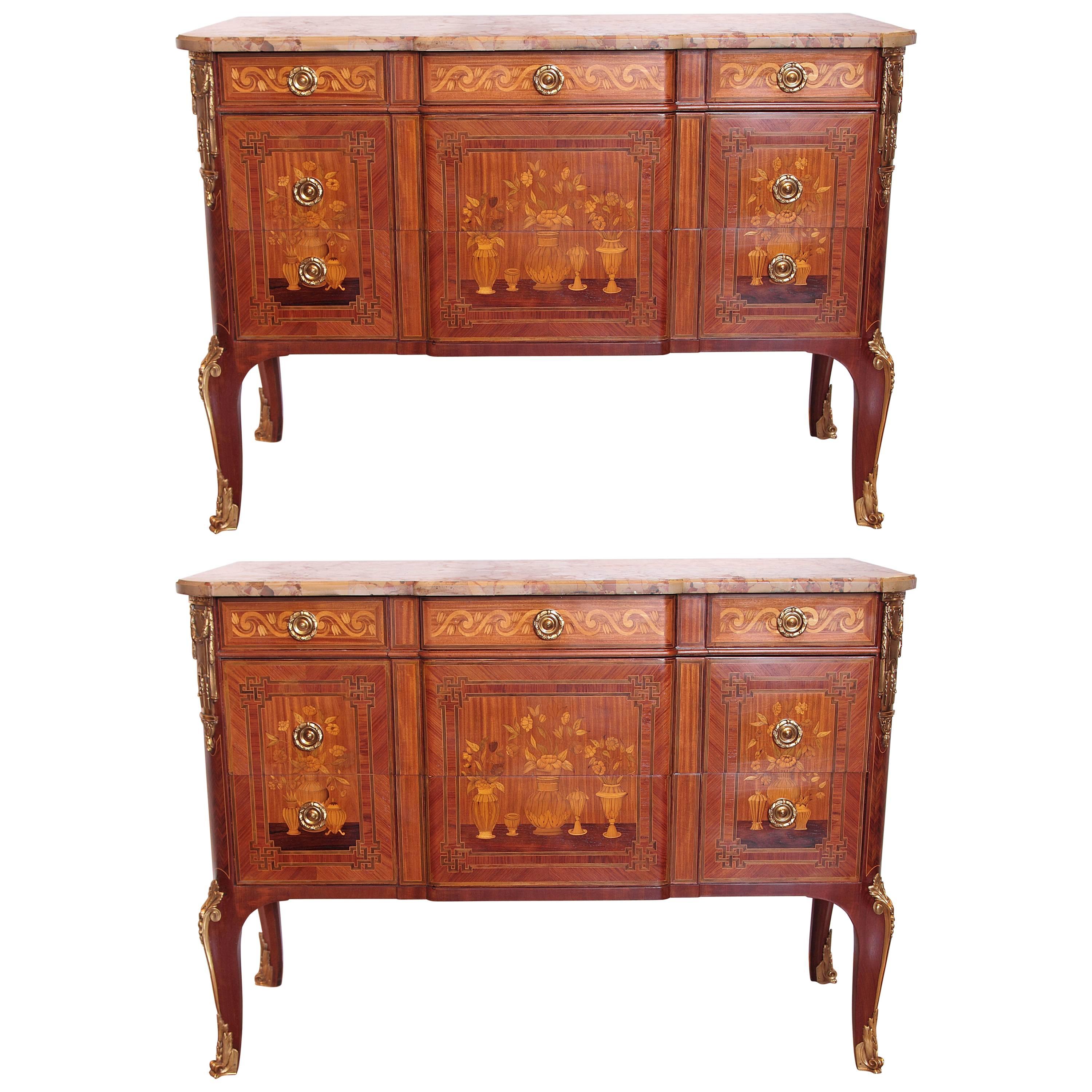 Pair of Late 19th Century French Louis XV Marquetry Commodes