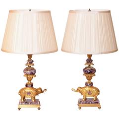 Antique 19th Century French Gilt Bronze and Amethyst Elephant Lamps