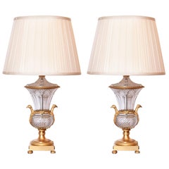Pair of Empire Period Gilt Bronze and Cut Crystal Lamps