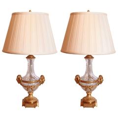Pair of 19th Century French Louis XVI Gilt Bronze and Cut Crystal Urn Lamps
