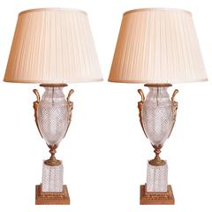 Pair of 19th Century French Cut Crystal and Gilt Bronze Urn Lamps