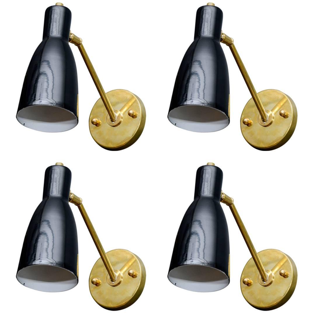 Set of Four Small Brass and Black Enameled Cones Wall Sconces