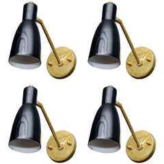Set of Four Small Brass and Black Enameled Cones Wall Sconces