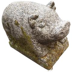 Antique Pig Hand-Carved Stone Plump and Curly Tailed, 100 Years Old