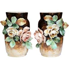 Pair of 19th Century Hand-Painted Barbotine Vases with Flowers from Montigny 