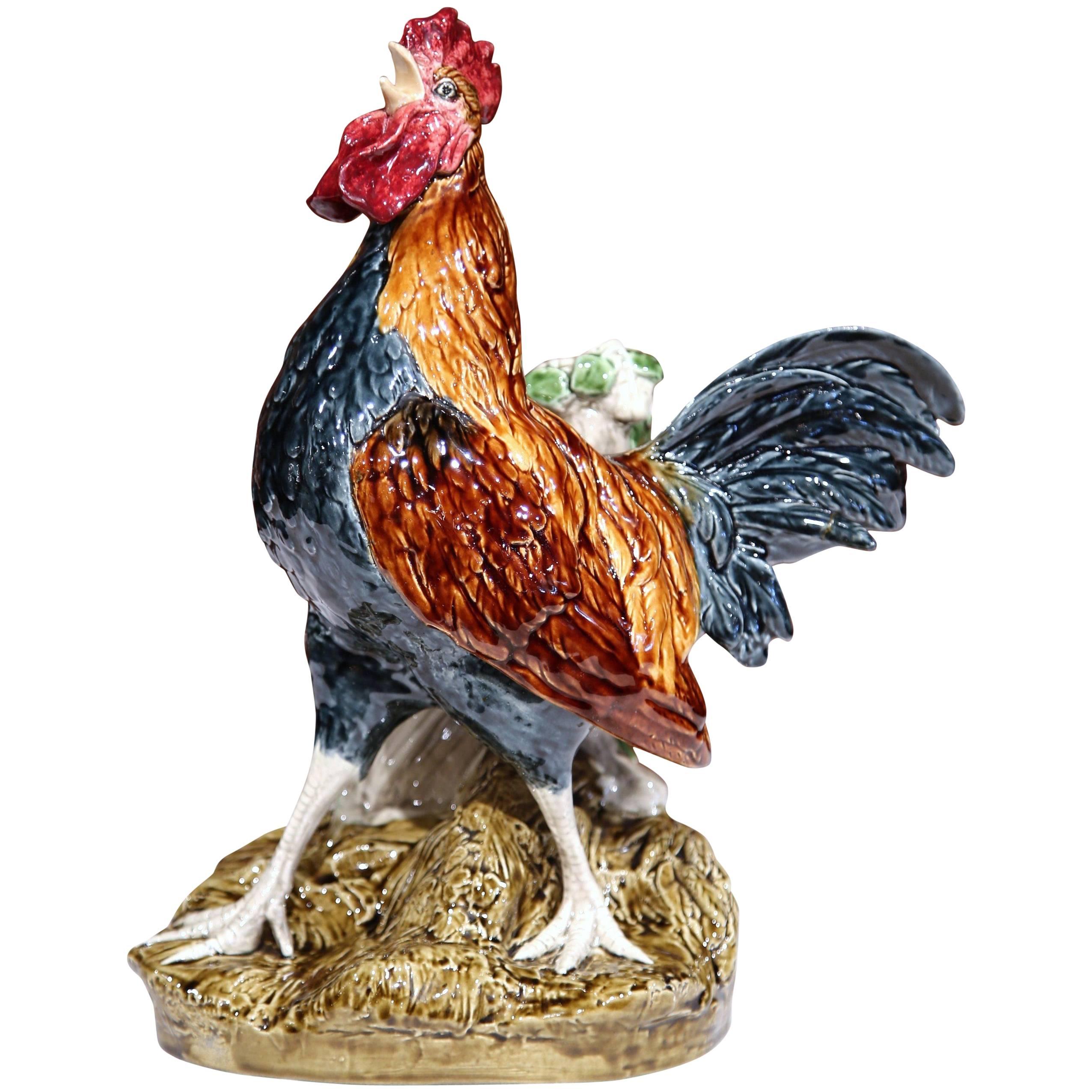 19th Century French Painted Barbotine Rooster Vase Signed Louis Carrier-Belleuse