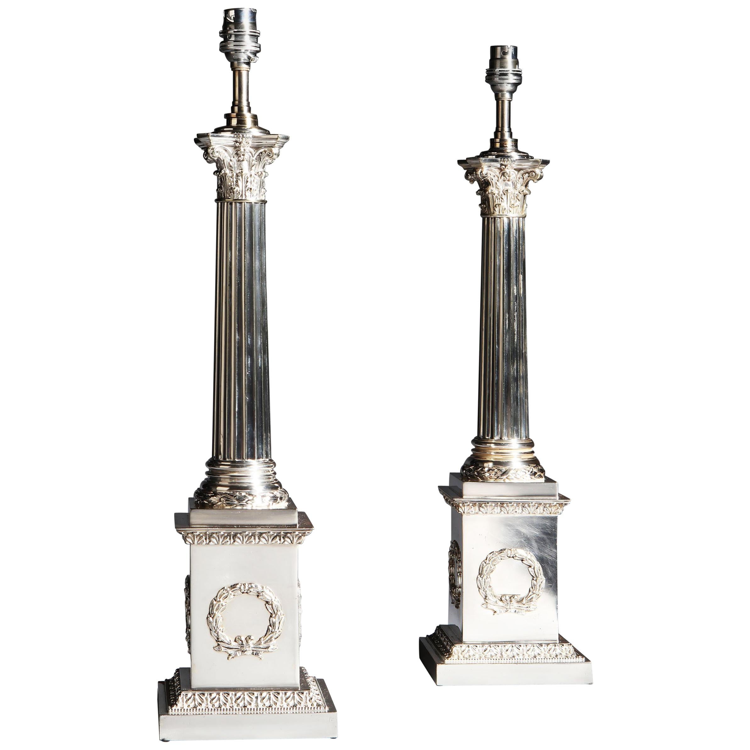 Pair of Edwardian Silver Plate Corinthian Fluted Column Lamps of Exceptional Qua