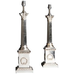 Pair of Edwardian Silver Plate Corinthian Fluted Column Lamps of Exceptional Qua