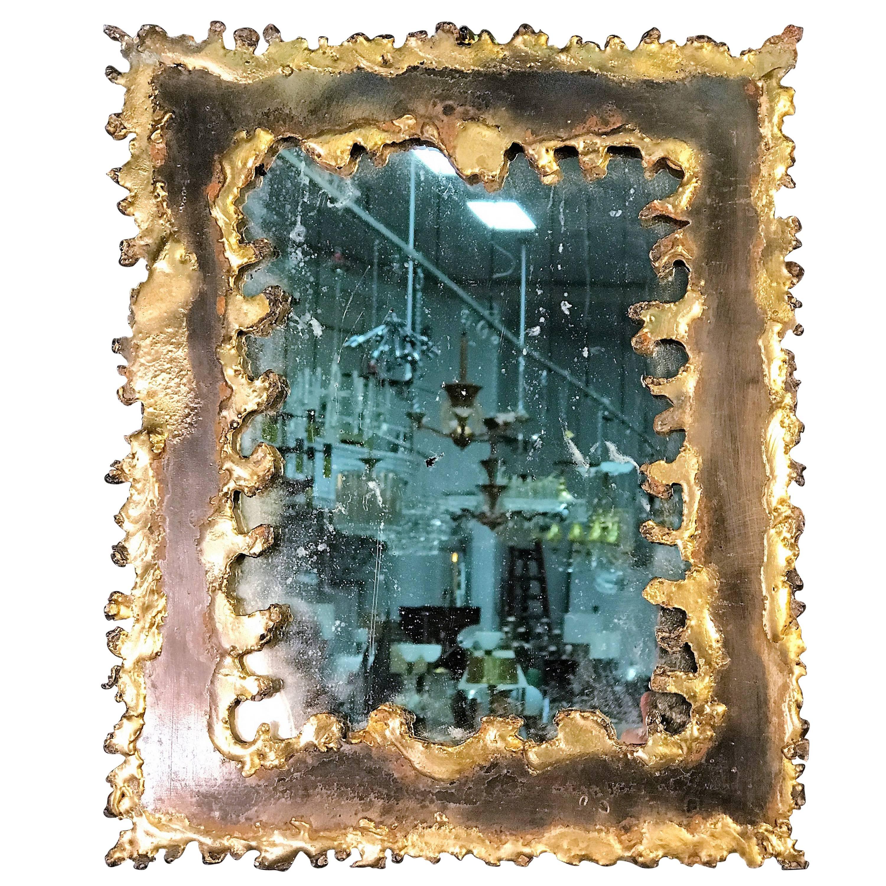 Brutalist Torch Cut Framed Rectangular Mirror in the Manner of Paul Evans For Sale