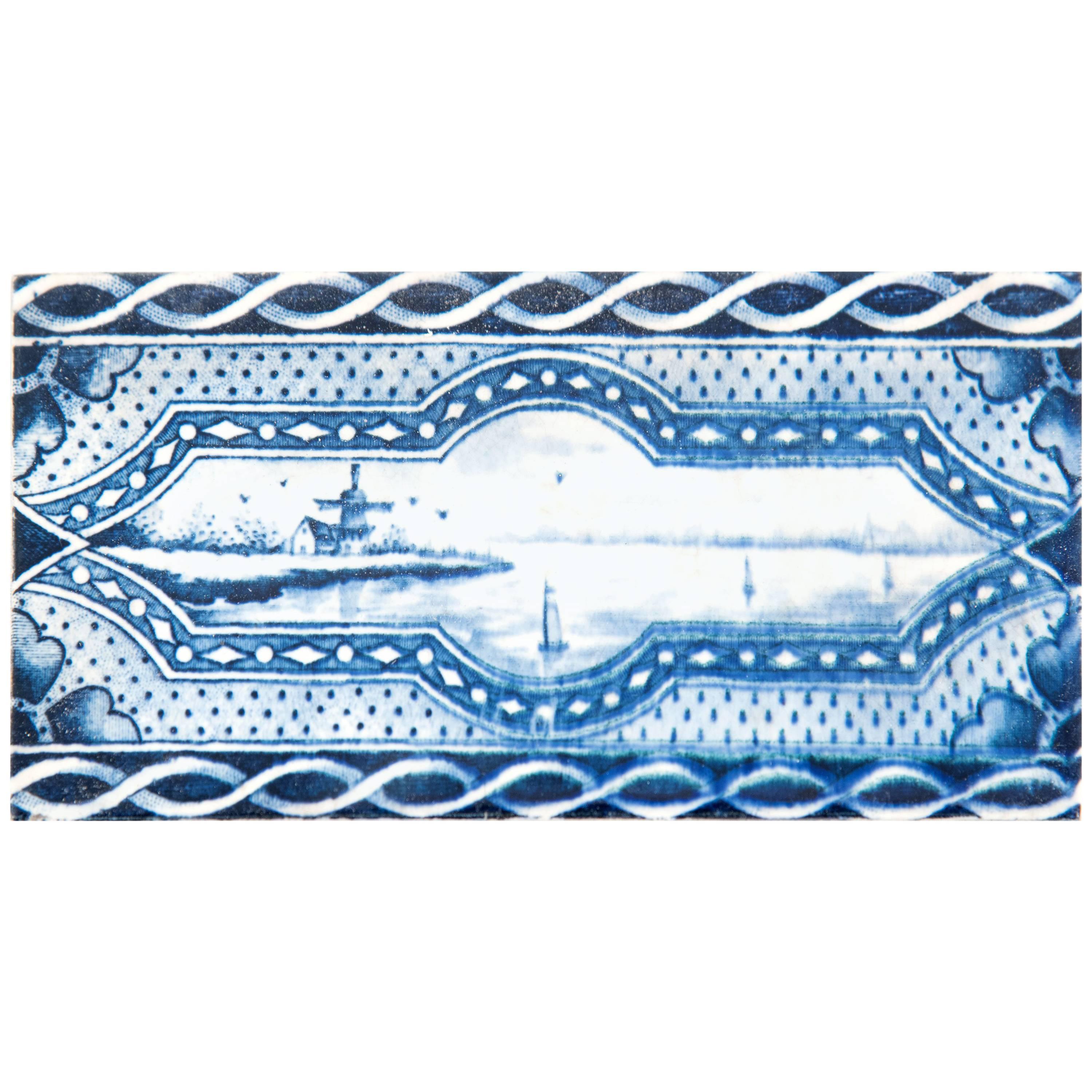 19th Century Delft Blue and White Border Tile with Windmill and Ships