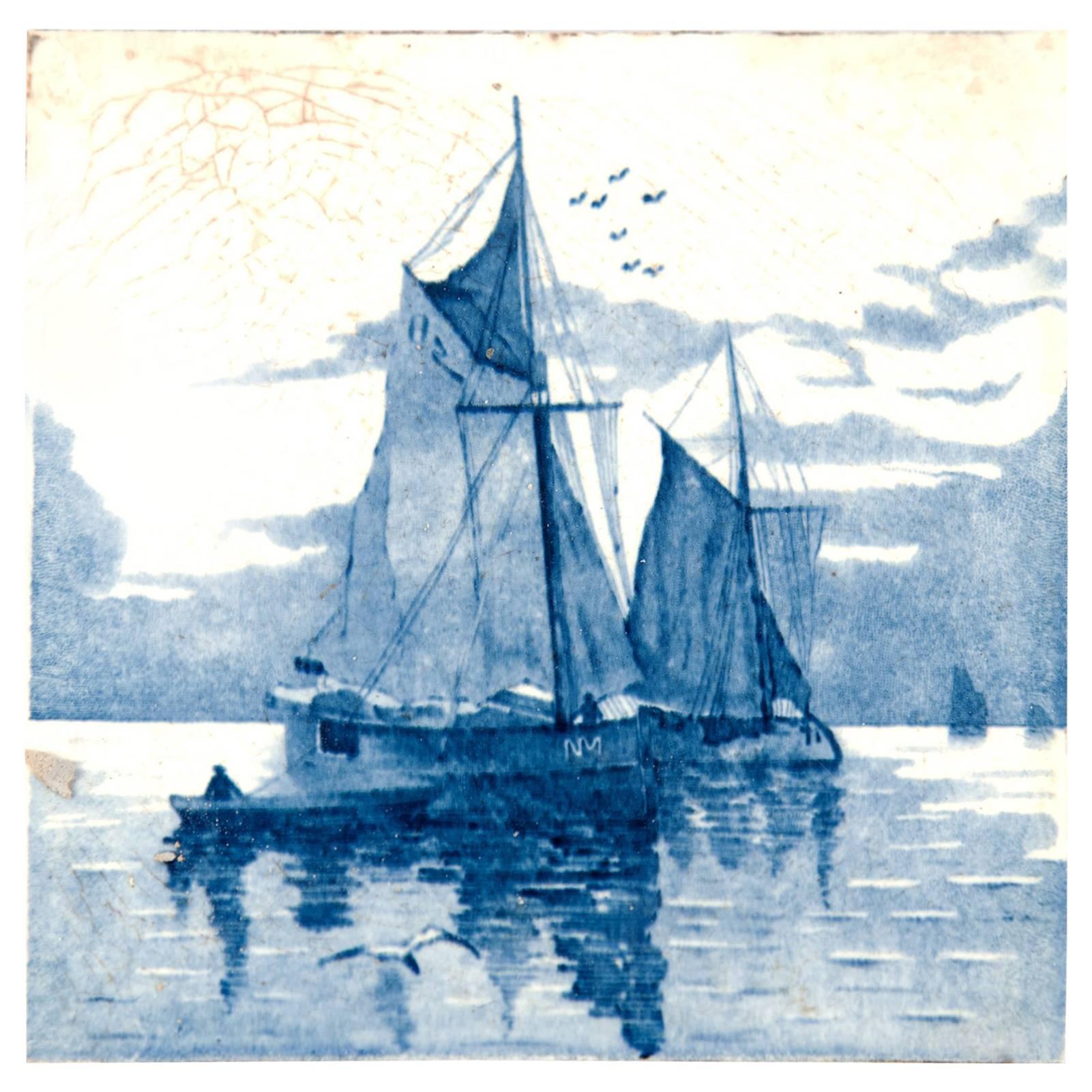 19th Century Delft Blue and White Tile of Ships
