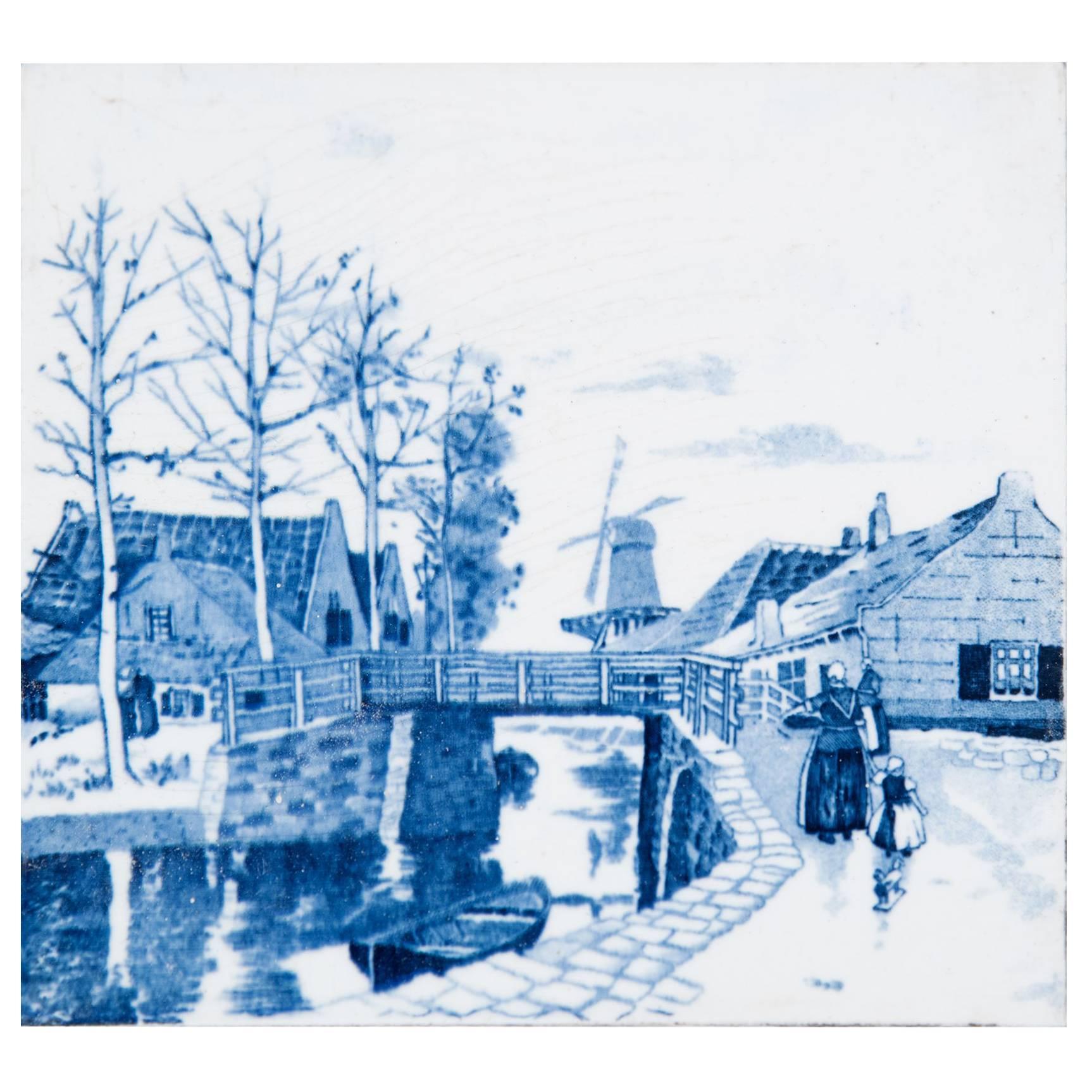 19th Century Delft Blue and White Tile of a Canal and Bridge