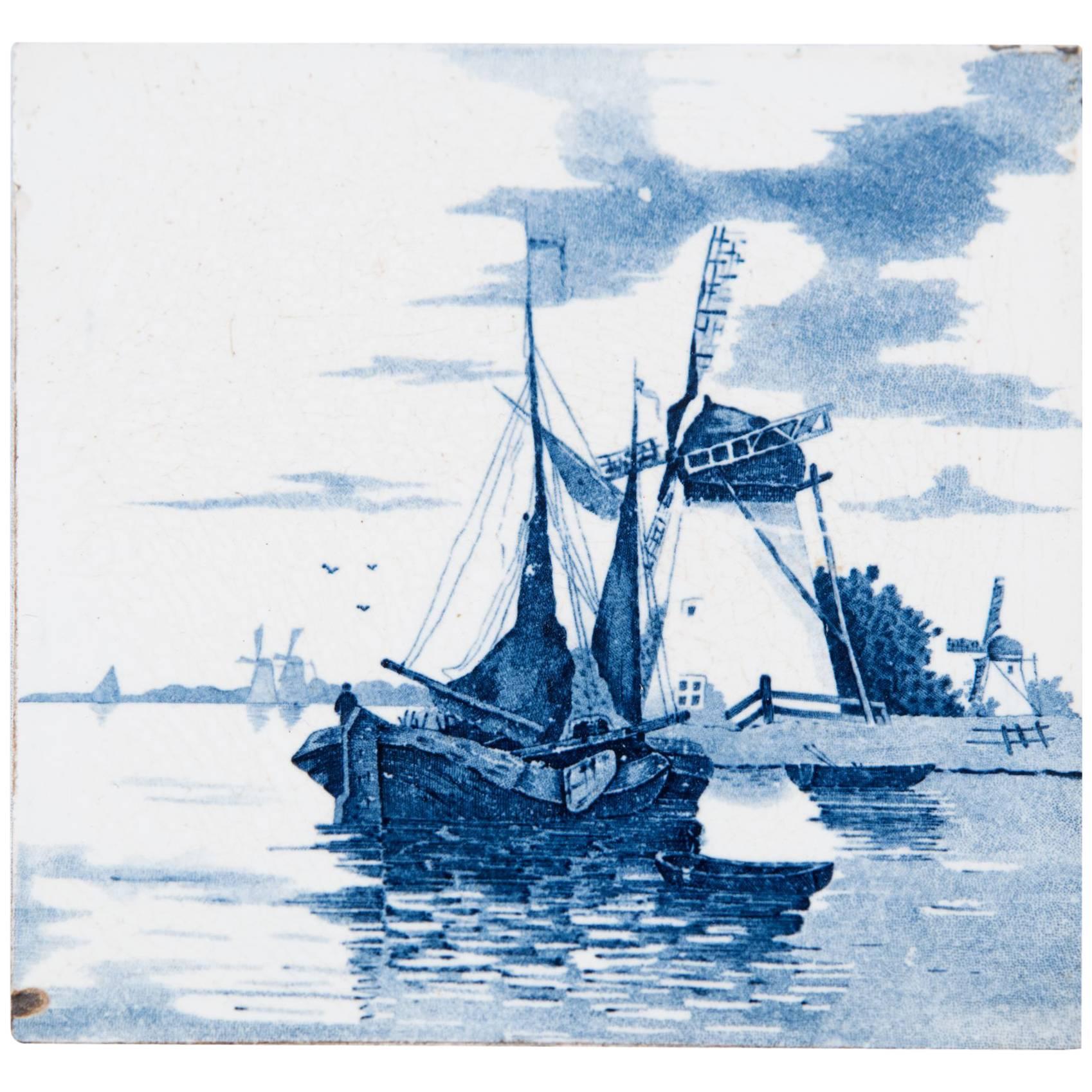 19th Century Delft Blue and White Tile of a Windmill and Ships