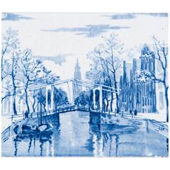 19th Century Delft Blue and White Tile of a Canal and Bridge