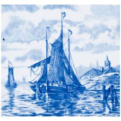 19th Century Delft Blue and White Tile of Ships