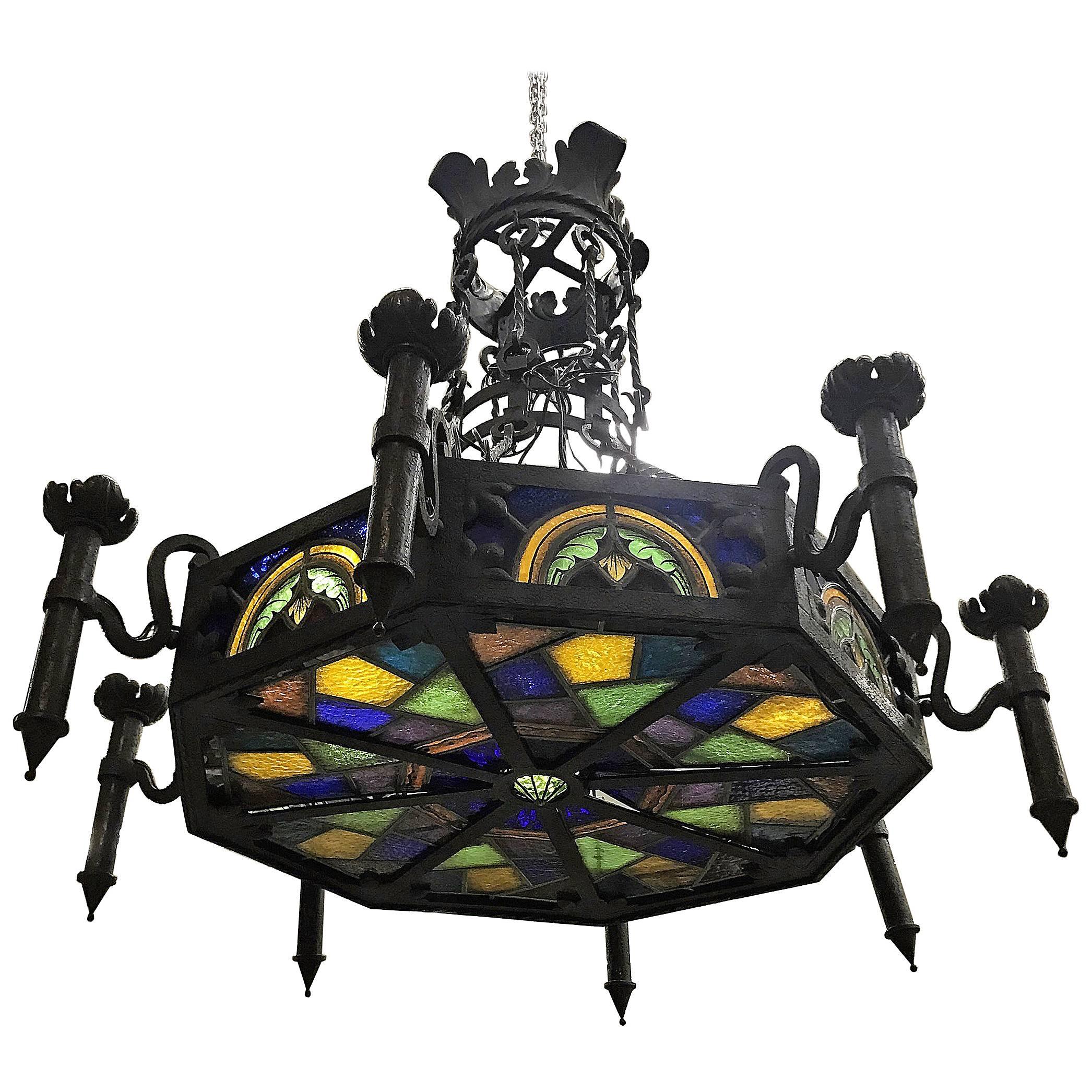 Monumental French 19th Century Gothic Chandelier with Tiffany Style Glass For Sale