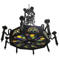 Antique Monumental French 19th Century Gothic Chandelier with Tiffany Style Glass