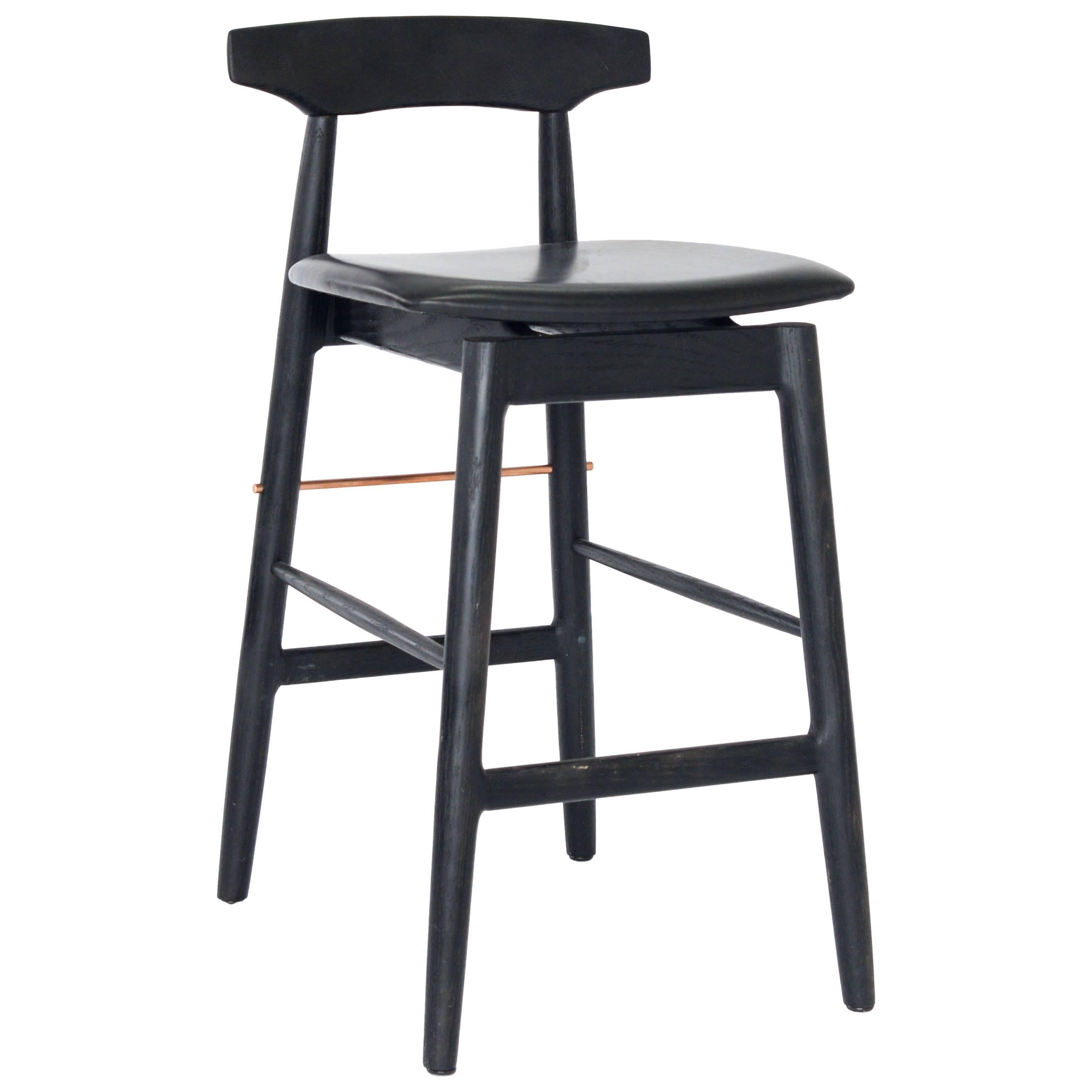 Ebonized Oak, Black Leather, and Copper Wood High Stool For Sale