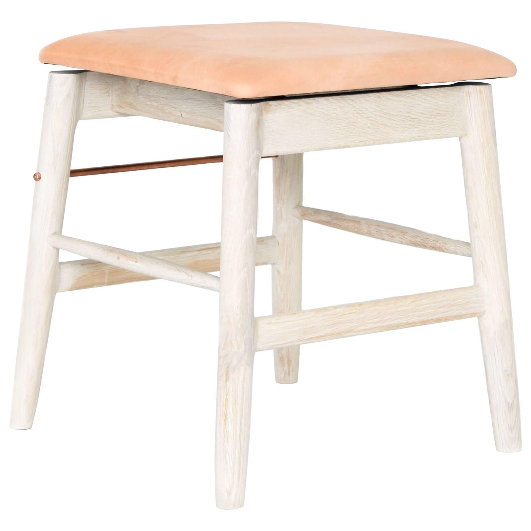 White Oak, Veg Tan and Copper Wood Low Stool For Sale