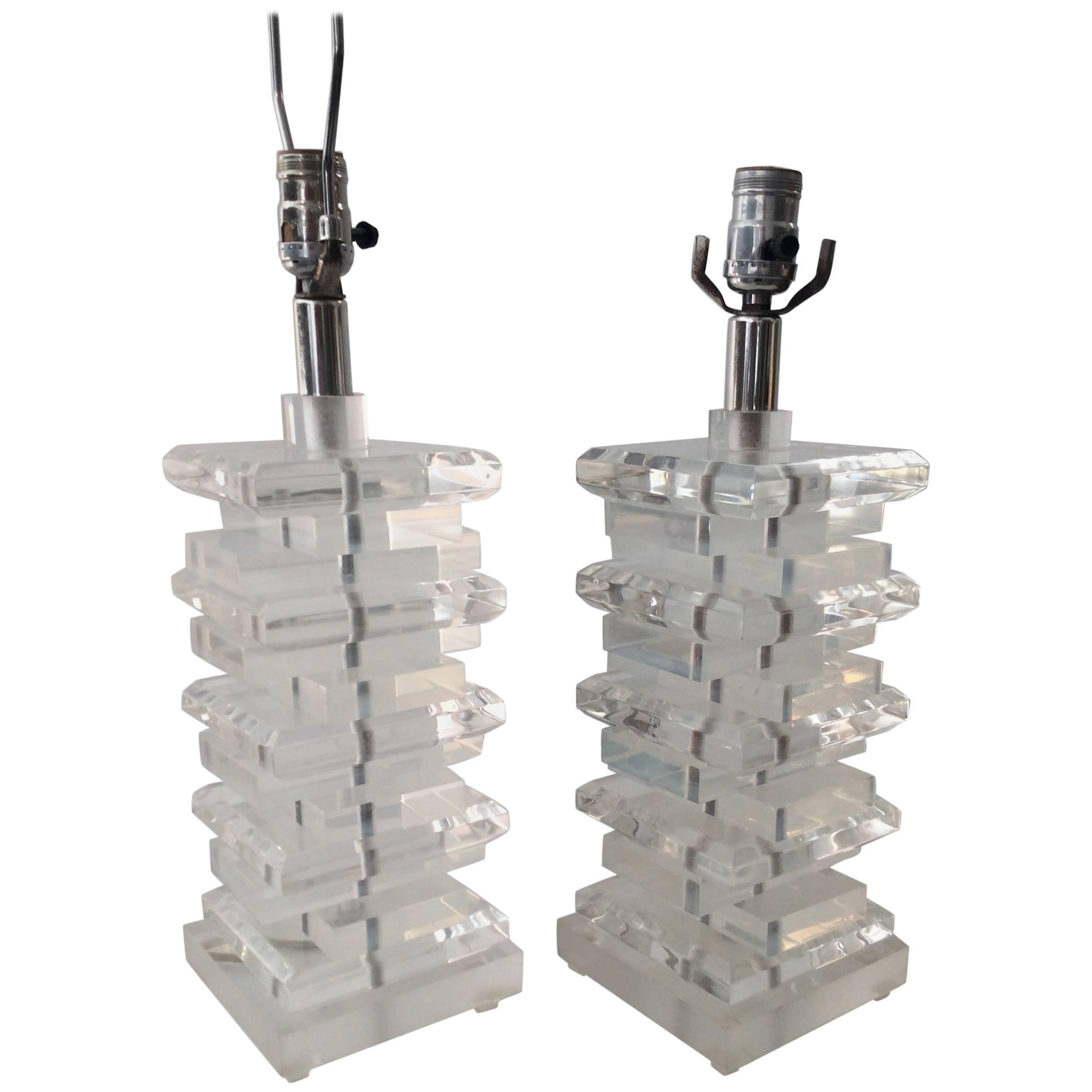 Pair of Glam Mid-Century Modern Karl Springer Style Stacked Lucite Table Lamps For Sale