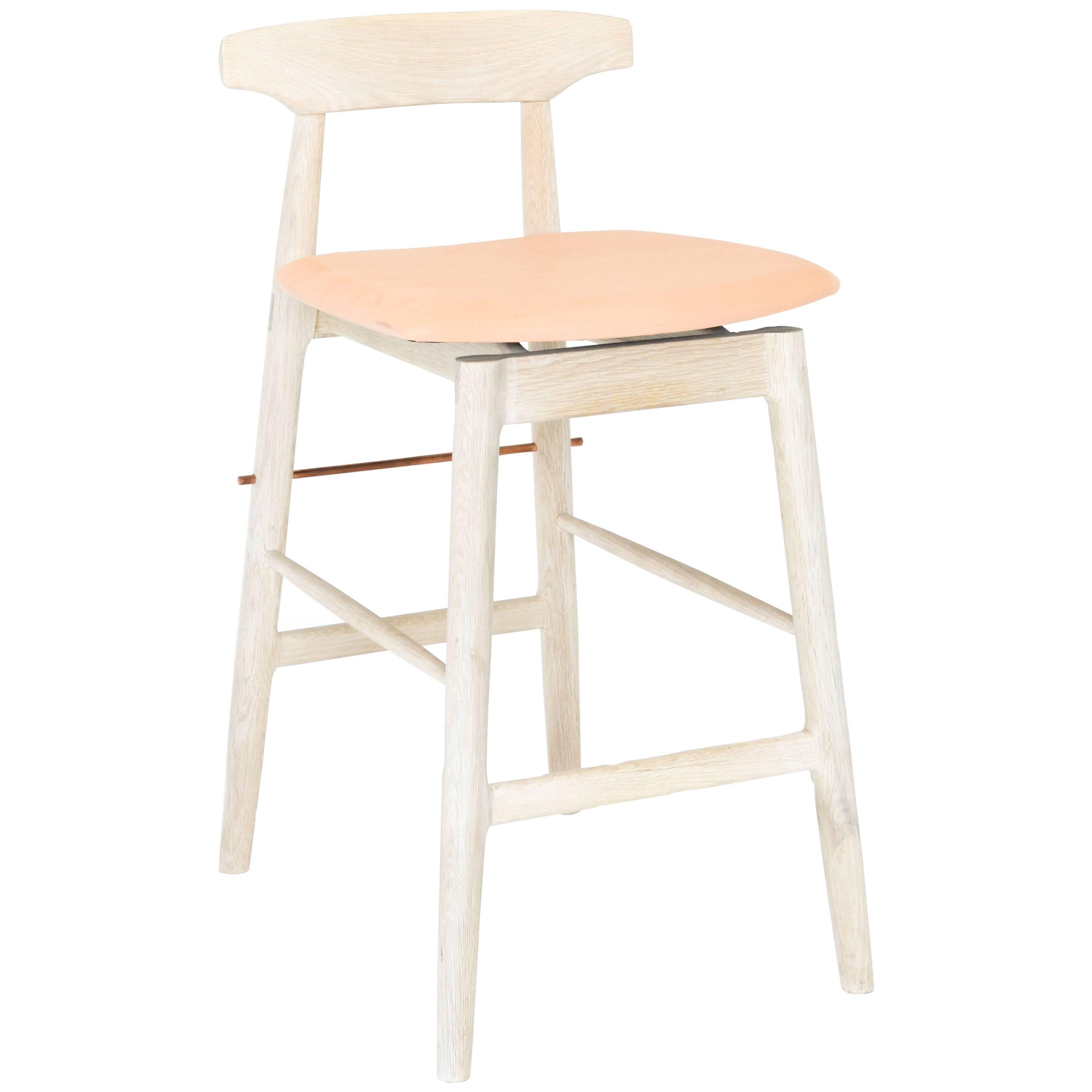 White Oak, Veg Tan and Copper Wood High Stool For Sale