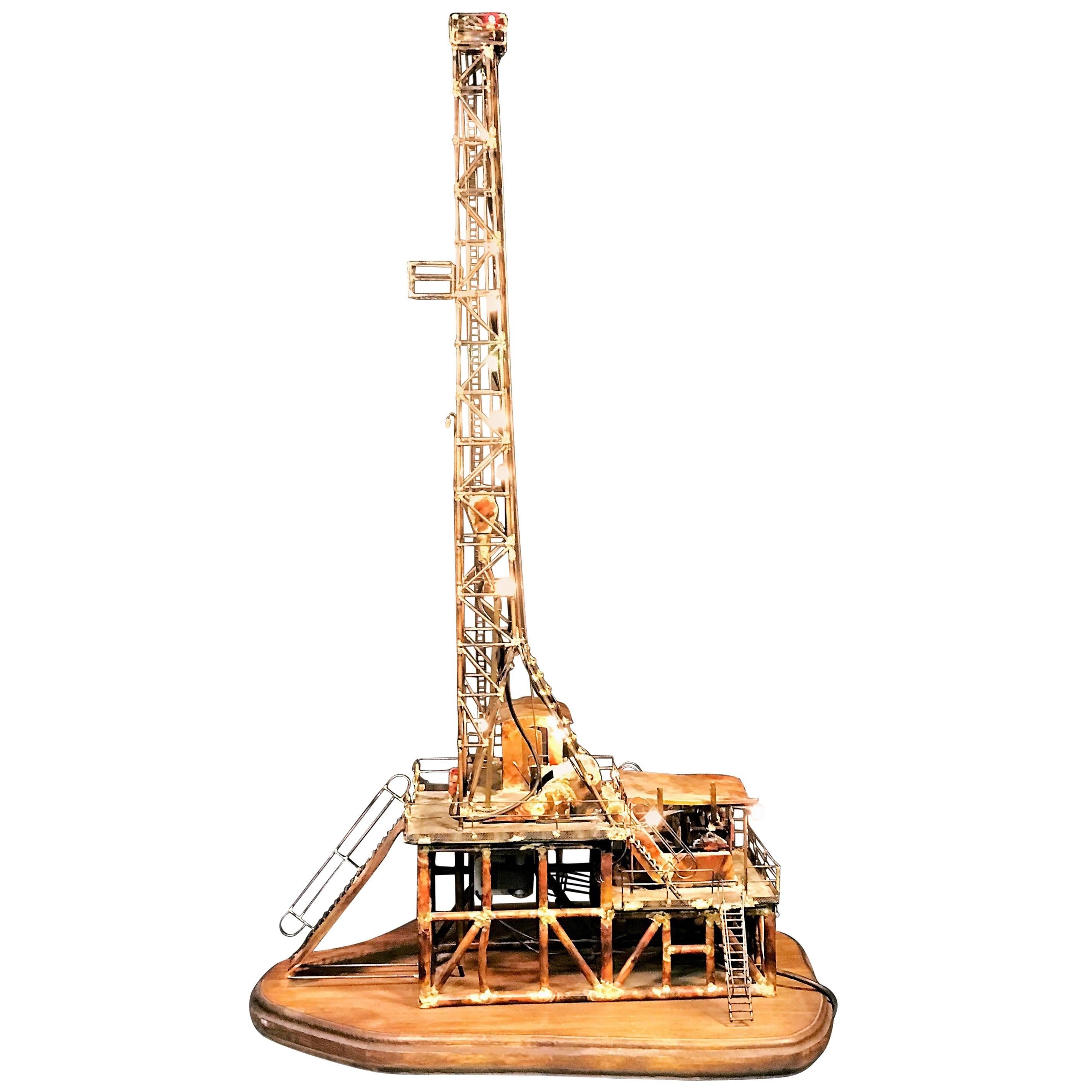 Fantastic Brutalist Mixed Metal Illuminated and Drilling Oil Rig Sculpture For Sale