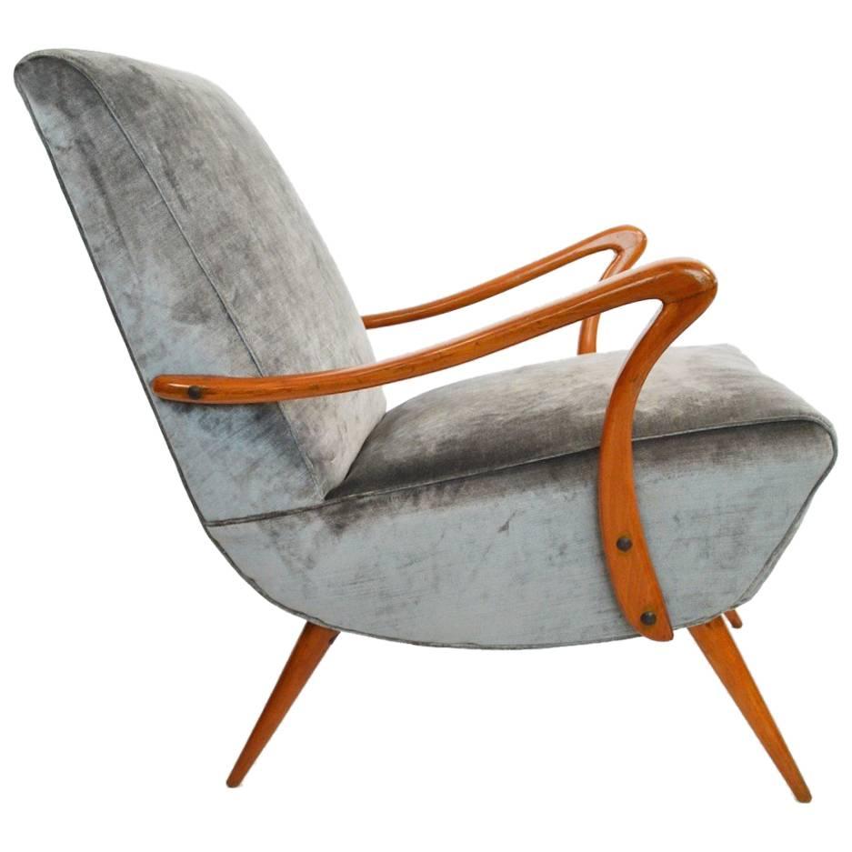Italian 1950s, Beech and Dark Silver-Grey Velvet Armchair Numbered Reupholstered