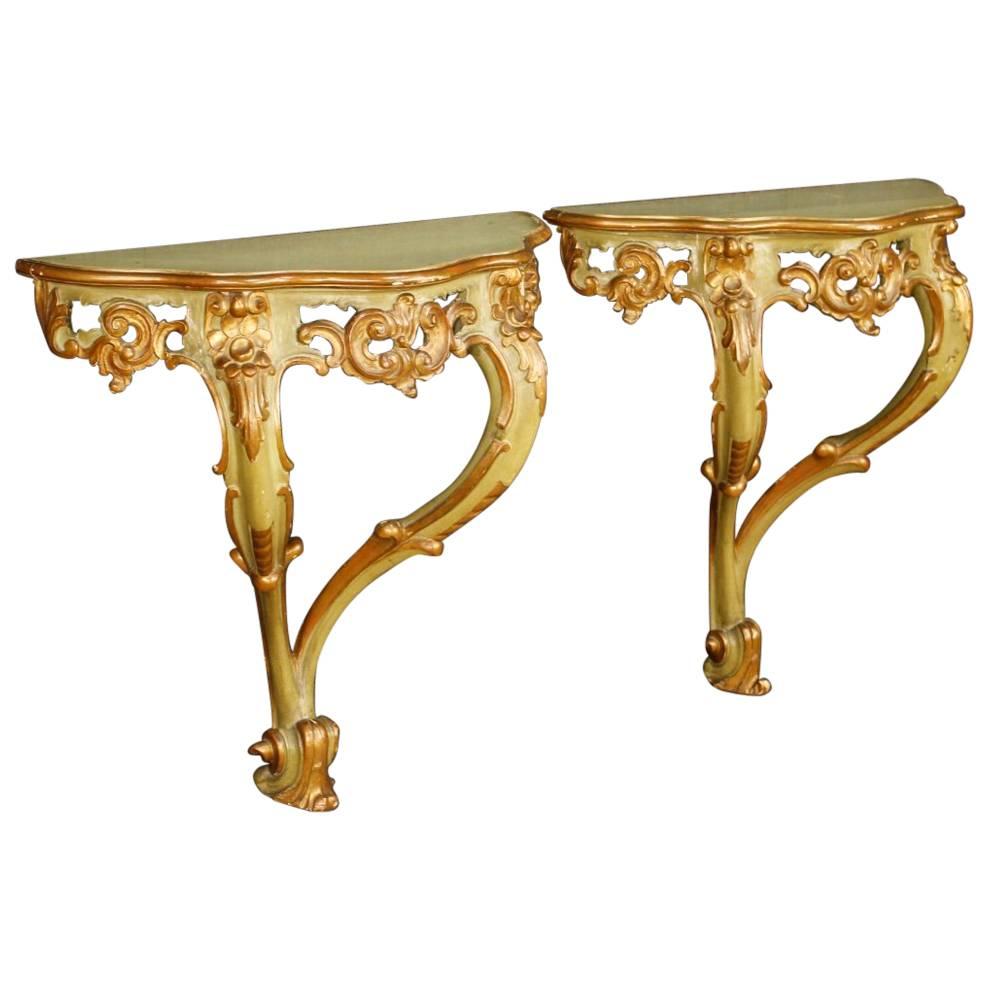 20th Century Pair of Venetian Lacquered and Gilt Console Tables