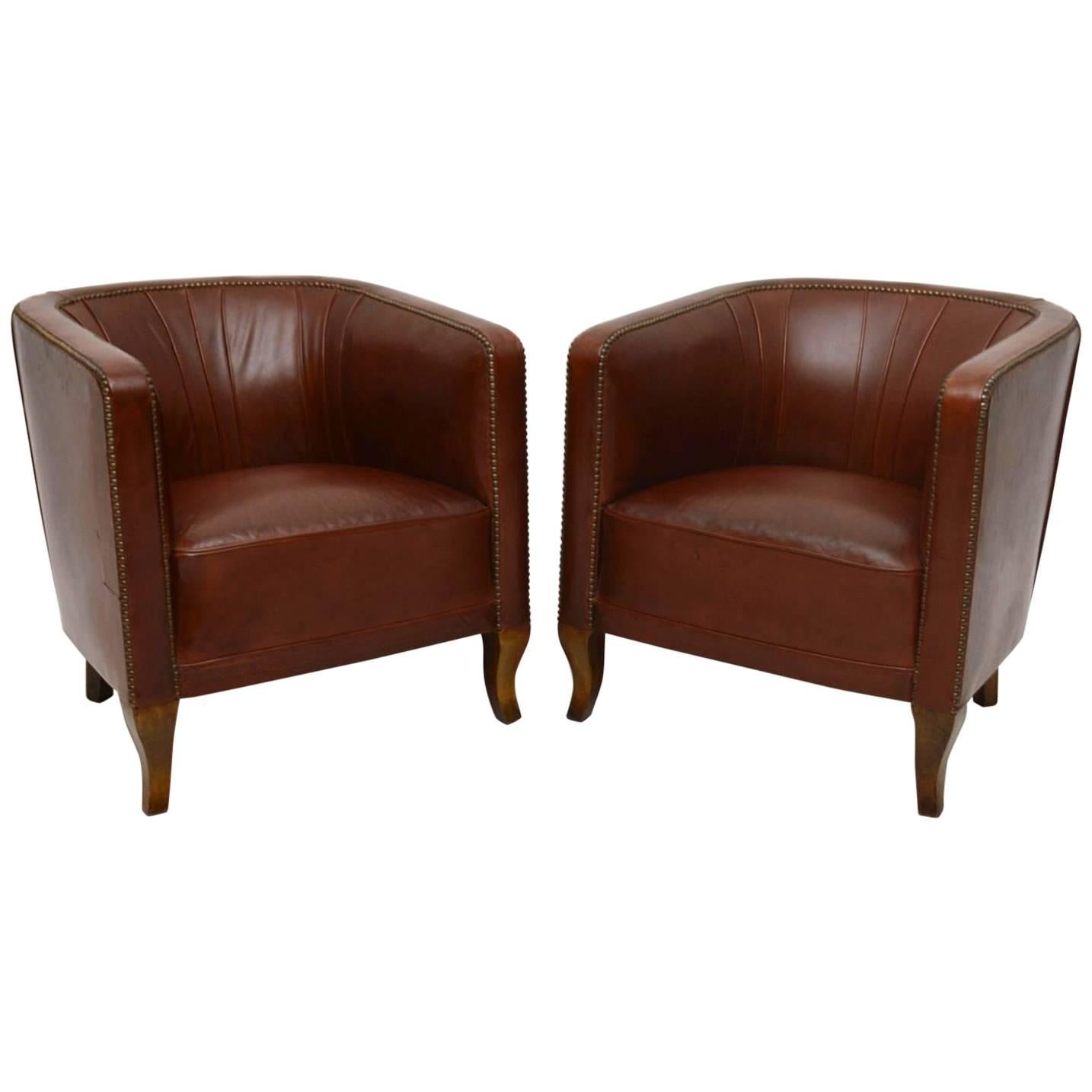 Pair of Antique Swedish Leather Armchairs