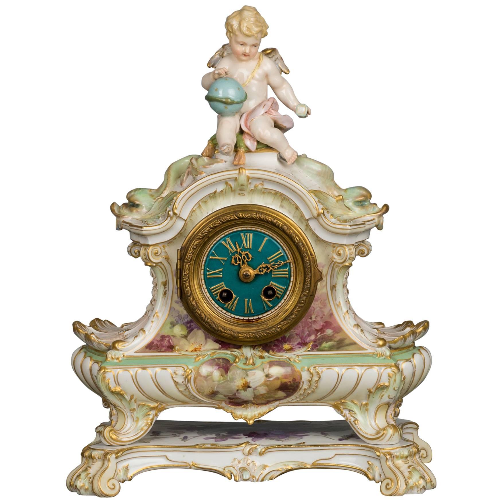 Striking K.P.M. Signed Porcelain Mantel Clock, circa 1880 For Sale