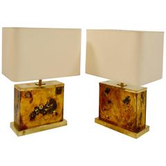 Pair of 1970s Brass and Gold Leaf Glass Lamps