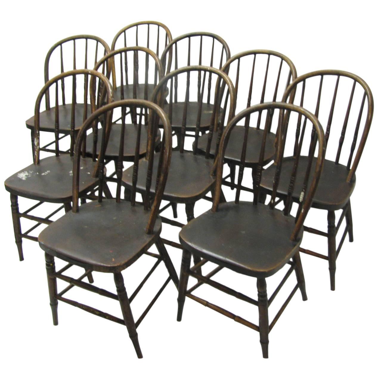 Classic Set of Ten Primitive Windsor Bow Back Chairs