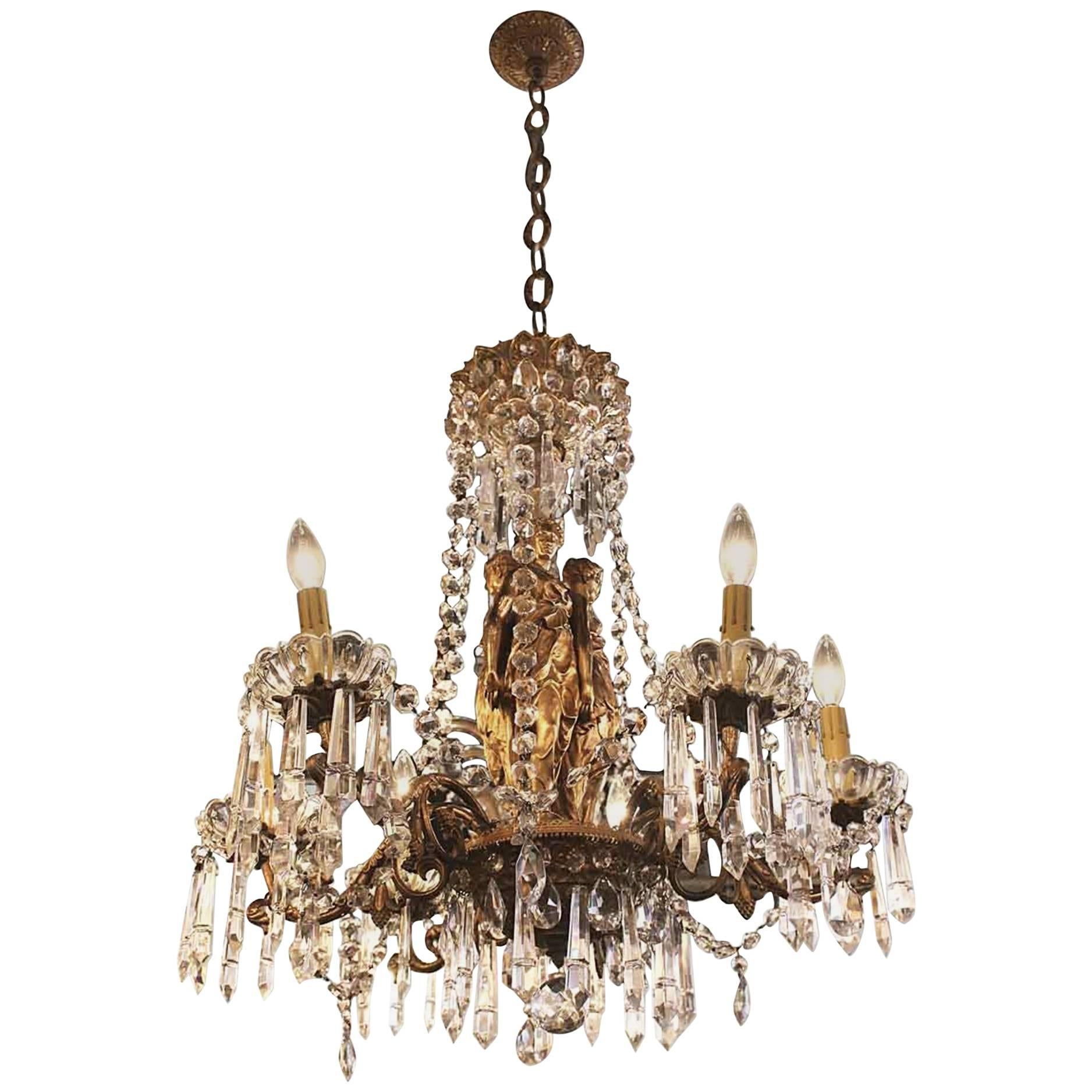 Empire Style Bronze and Crystal Figural Six-Arm Chandelier with Three Maidens
