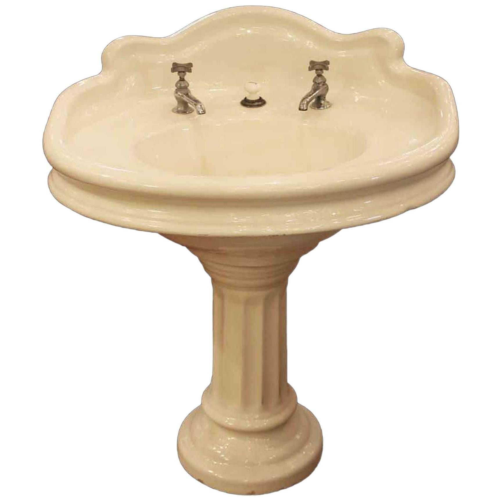 1900s Earthenware Pedestal Oval Sink with Back Splash and Original Hardware