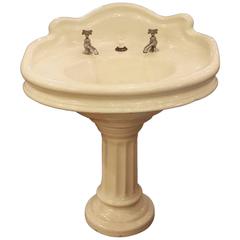 1900s Earthenware Pedestal Oval Sink with Back Splash and Original Hardware