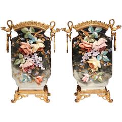 Pair of 19th Century French Hand-Painted Barbotine Vases with Bronze Mounts