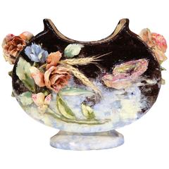 19th Century French Hand-Painted Barbotine Jardinière with Flowers and Bird