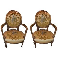 Beautiful Pair French Giltwood Finely Carved Open Armchairs, Louis XVI Fauteuils