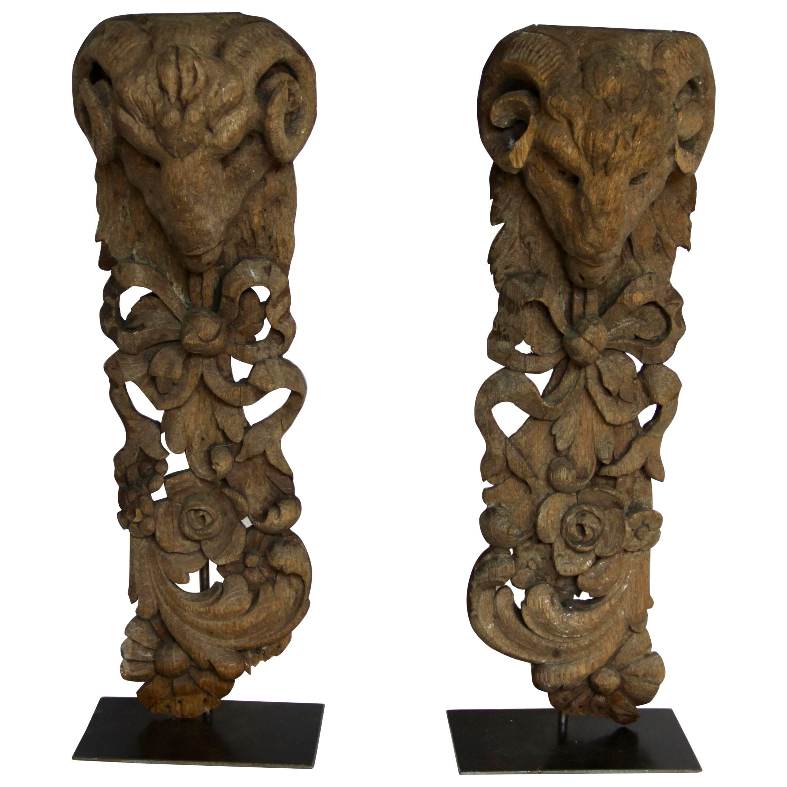 Pair of Antique Hand Carved Architectural Elements with Ram's Head