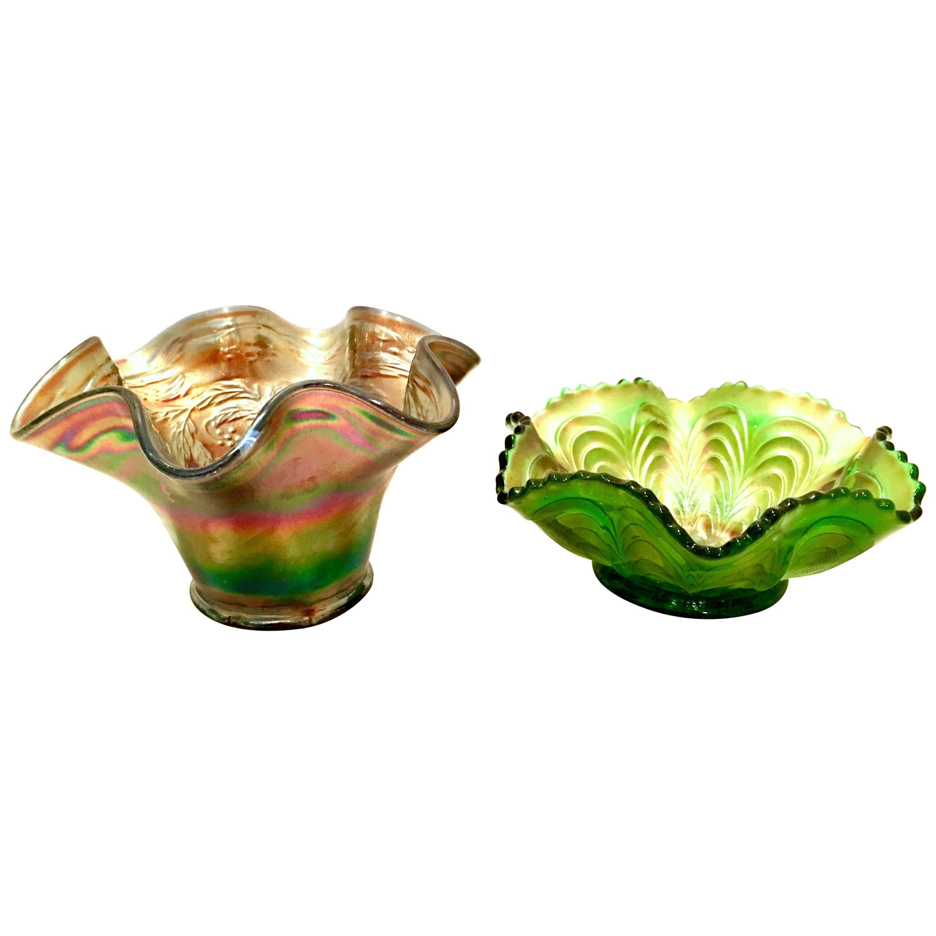 Antique Art Nouveau Set of Two American Iridescent Art Glass Ruffle Bowls