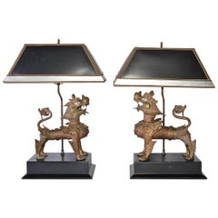 Vintage Pair of Chinese Brass Foo Dog Table Lamps