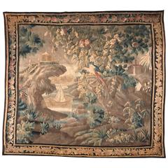 Antique 18th Century French Verdure Aubusson Tapestry with Castle, Ship and Bird