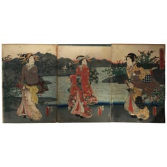 Three Japanese Antique Beautiful Women "Bijin" Woodblock Prints, 19th Century