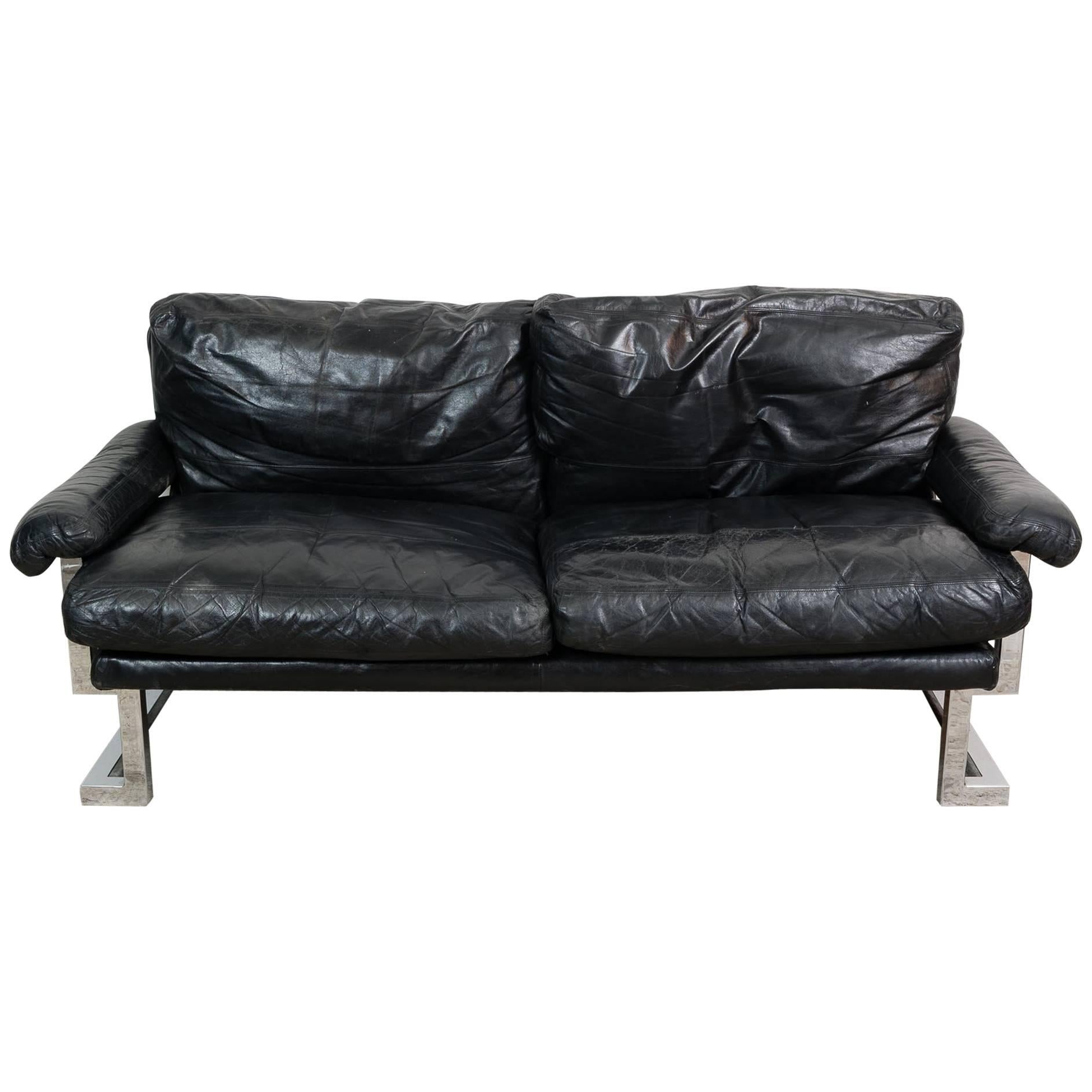 1970s Pieff Midcentury Mandarin Sofa in Chrome and Black Leather by Ted Bates